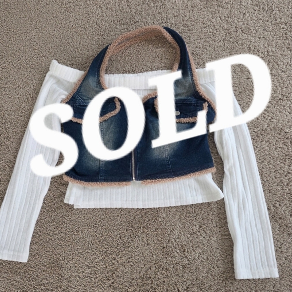 Faux Fur Denum Vest With Off Shoulder White Long Sleeve Top